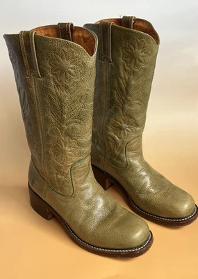 Vintage Frye Campus Flower Boots Women 8.5 Olive Green Square Toe Western - Image 1 of 4