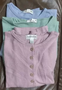 3 Vtg Hang Ten Women's Med Blue Green Lilac Textured Henley Shirt Made In USA - Picture 1 of 12