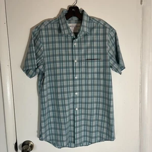 Mizzen Main Leeward Short Sleeve Shirt Mens M Trim Fit Button Stretch Blue Plaid - Picture 1 of 8