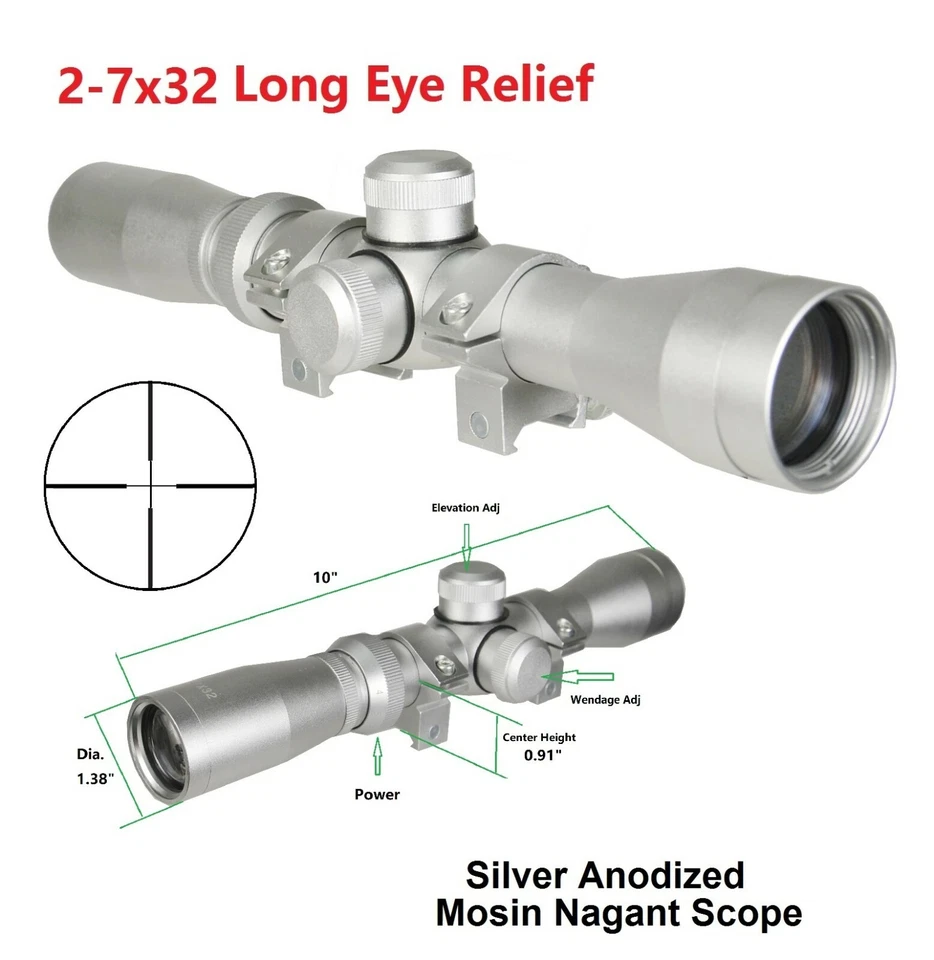 Silver Mosin Nagant 2-7x32 Long Eye Relief Scout Scope W Low Profile Ring Mount - Image 1 of 1