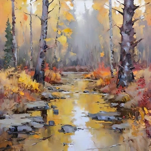 ACEO Karte Wald im Herbst mit einem durchlaufenden Bach mit Herbstfarben - Bild 1 von 1