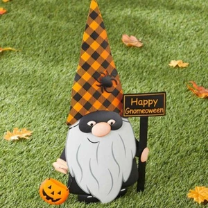 Gnomo de truco o trato con letrero de "Feliz Gnomeoween" metal Halloween jardín estaca - Imagen 1 de 2