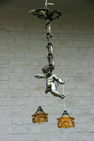 Superb antique parisian bronze putti angel pendant lantern chandelier Cover