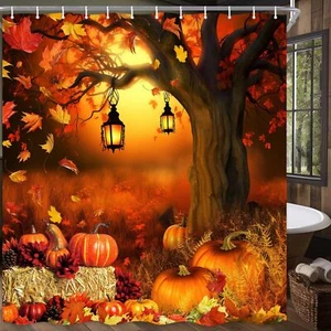 Fall Harvest Thanksgiving Pumpkin Shower Curtain Autumn Leaves with Pumpkins ... - Picture 1 of 10