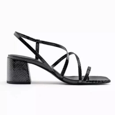 ZARA - Block Heel Strappy Sandal -Black Faux Snakeskin- Women's EU 38/US 7.5 NEW - Image 1 of 4