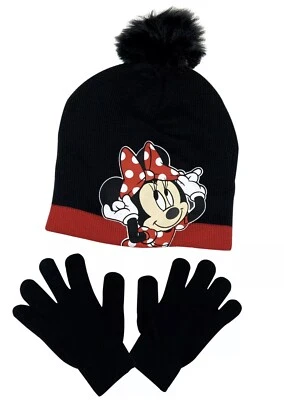 Disney Niñas Minnie Mouse Sombrero Tejido Gorro Pom Pom Guantes Negro Conjunto de 2 Piezas Foto 1 de 2