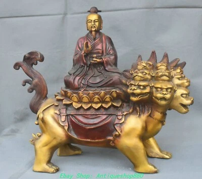 Antigua estatua china de 15"" de cobre puro de 9 cabezas de león Taiyi salvar el sufrimiento de Tianzun Foto 1 de 4