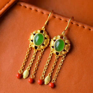 Girl's Inlaid Green Jasper 22K 23K 24K Thai Baht Yellow Gp Gold Earrings - Picture 1 of 6