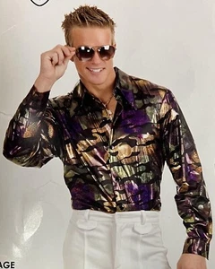 Disco Shirt Gold Purple Hologram Fancy Dress Halloween Adult Costume Accessory - Picture 1 of 10