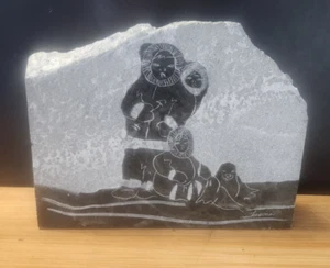 Inuit Soapstone Hand-carving Signed "Eskimo Family w/ Seal" Engraved SIKU (?) - Picture 1 of 4