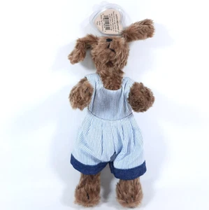 TY Attic Dog BREWSTER Shaggy Brown Denim Blue White Ticking Overalls Jointed 8" - Picture 1 of 5
