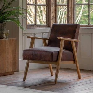 Gallery Neyland Brown Leather Armchair – Top Grain Leather, Solid Wood Frame - Picture 1 of 8