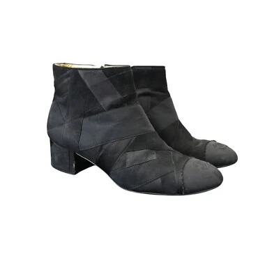 Chanel Patchwork Tacones Bloque Talla 39.5 Negro Doble Punta C Logo Foto 1 de 4