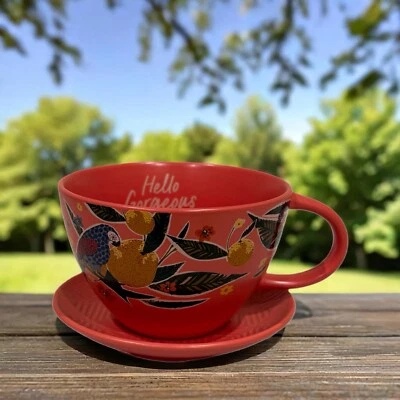 Taza y platillo Threshold Latte HELLO MAGNÍFICO loros aves tropicales 16 oz taza roja Foto 1 de 4