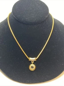 Vintage ANNE KLEIN 80’s Black Stone Pendant Necklace Snake Chain Mixed Metals - Picture 1 of 7