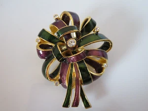 Joan Rivers Purple and Green Enamel White Rhinestone Ribbon Bow Brooch Pin 2.5" - Picture 1 of 9