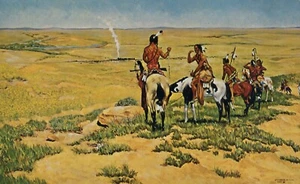 Postal de arte occidental Iron Horse Breaks Treaty Railroad que se está construyendo Byron Wolfe - Imagen 1 de 2