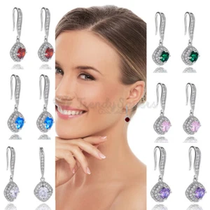 Women Fashion 925 Sterling Silver Square Hook Drop Dangle Earrings CZ Stone - Picture 1 of 58