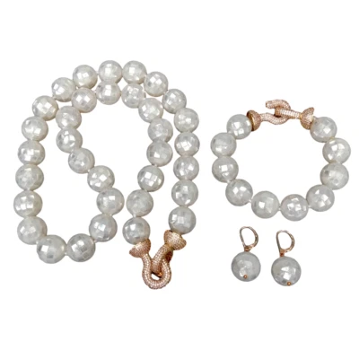 White Abalone Shell 16mm Long Necklace Bracelet Earrings Set CZ Pave Clasp - Image 1 of 2