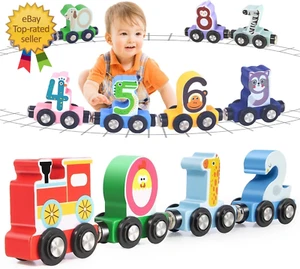 Toys for Toddlers, 12Pc Wooden Magnetic Train Track Set with Animal and Digital - Picture 1 of 12