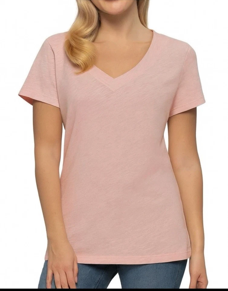 Felina Women's V-Neck Short Sleeve T-Shirt Pink (Pink Salt) Size L Gol