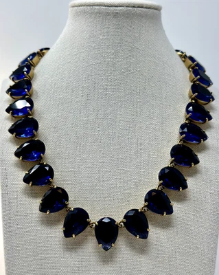 JCrew Runway Statement Necklace Sapphire Blue Teardrop Faceted Crystal Gold Tone - Image 1 of 4