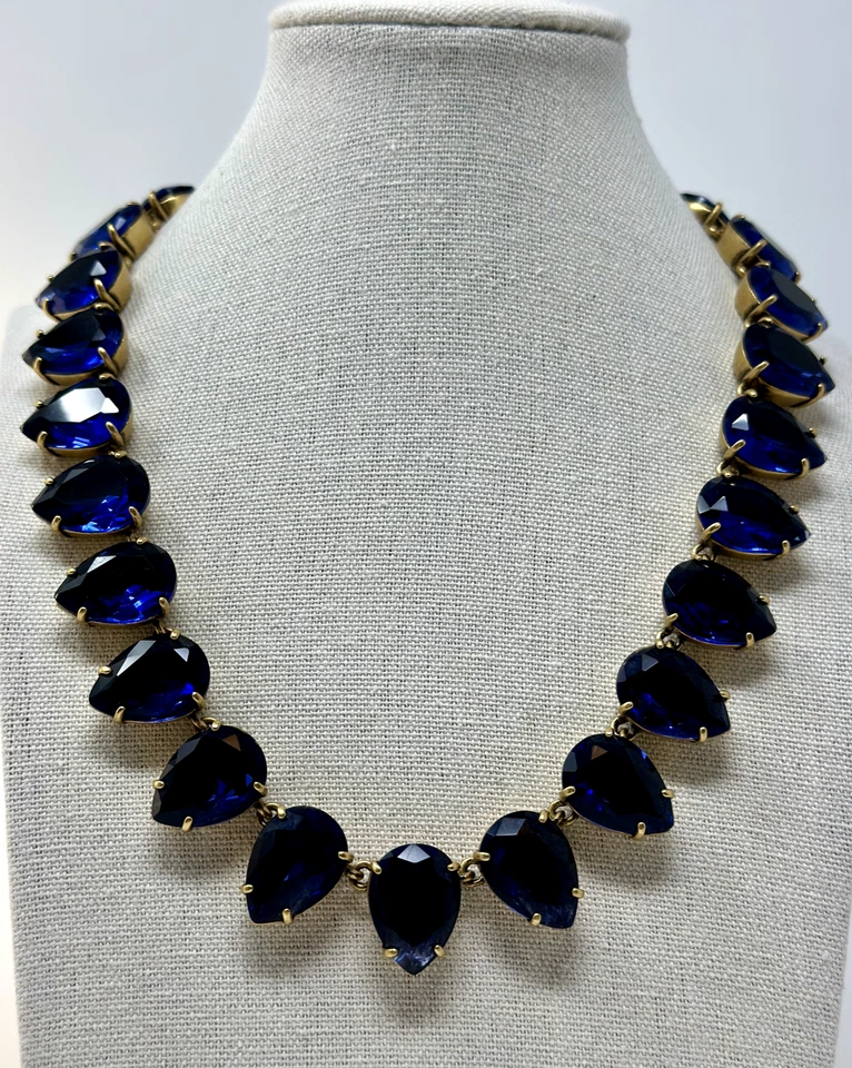 JCrew Runway Statement Necklace Sapphire Blue Teardrop Faceted Crystal Gold Tone - Image 1 of 4