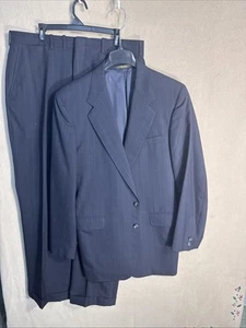 H Freeman & Son 42L 2 Piece Suit 38x32.5 Navy Pinstriped 100% Wool Pleated 2BN - Picture 1 of 20