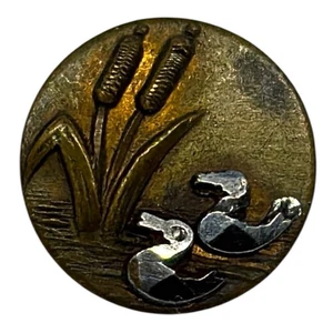 5 Antique Brass Duck Buttons Late 1800s Art Nouveau Pond Scene Cattails 15mm - Picture 1 of 10