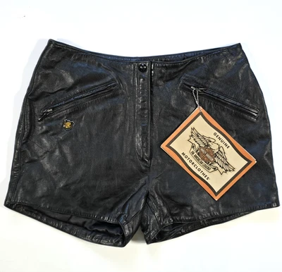 HARLEY DAVIDSON LOW RIDER BLACK LEATHER SHORTS WOMENS Sz 8/36 NWT 3" VINTAGE Y2K - Image 1 of 4
