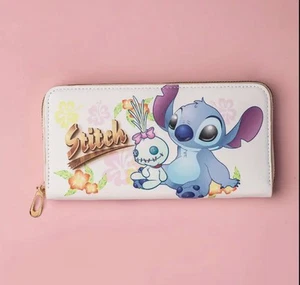 NEW DISNEY STITCH & SCRUMP FAUX LEATHER LARGE ZIP UP WALLET PURSE ~ ‘FLOWERS’ - Picture 1 of 6