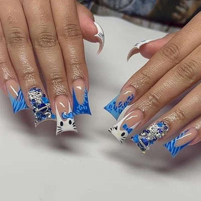  Uñas de pato prensadas en uñas postizas francesas azules Y2K lindo pegamento de diseño de gato ANF00 pato Foto 1 de 4