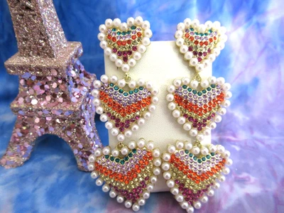 PENDIENTES 3 COLGANTES CORAZONES DE CRISTAL MULTICOLOR con PERLAS SAN VALENTÍN NUEVOS CON ETIQUETAS Foto 1 de 4