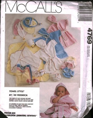4769 McCalls Pattern Baby Infant Bath time Accessories Towel Cover Bibs Booties - Image 1 of 2