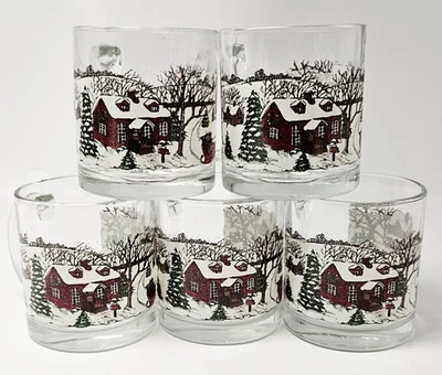 5 tazas de té de café transparentes Libbey de colección escena de pueblo de invierno vidrio pesado hechas en EE. UU.  Foto 1 de 4