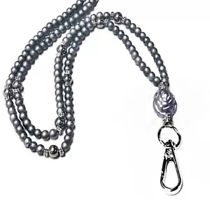 Collar Cordón, Soporte de Insignia de Identificación de Seguridad, Llaves, Perlas Gris Plateado y Rosa - Imagen 1 de 2