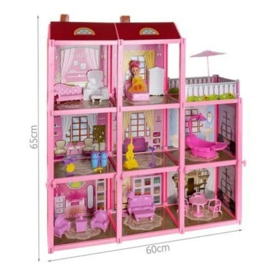 Villa Puppenhaus Landhaus Dollhouse Puppenvilla incl. Möbel + Puppe 60x65x17cm