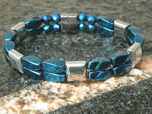 100 % magnetisch blau n silber Hämatit Armband Fußkett Halskette 2 Reihen atemberaubend - Bild 1 von 5