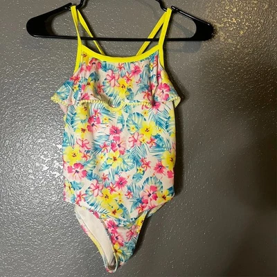Girls Floral One-Piece Swimsuit – Yellow Trim Tropical Print Bathing Suit - Image 1 of 4