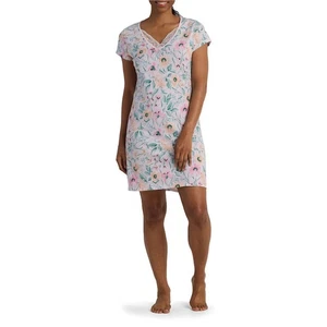 Miss Elaine Nightgown Floral V-Neck Lace Trim Pink Bow 100% Cotton Women's M - Picture 1 of 12