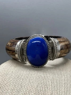 Brazalete De Colección Madera/Metal y Ágata Azul Natural Cabujón Piedra Bisagras 7.5" x 1.42" Foto 1 de 4