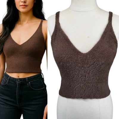 Top corto Love Tree marrón tejido difuso cami correas de espagueti sin mangas suave talla M Foto 1 de 4