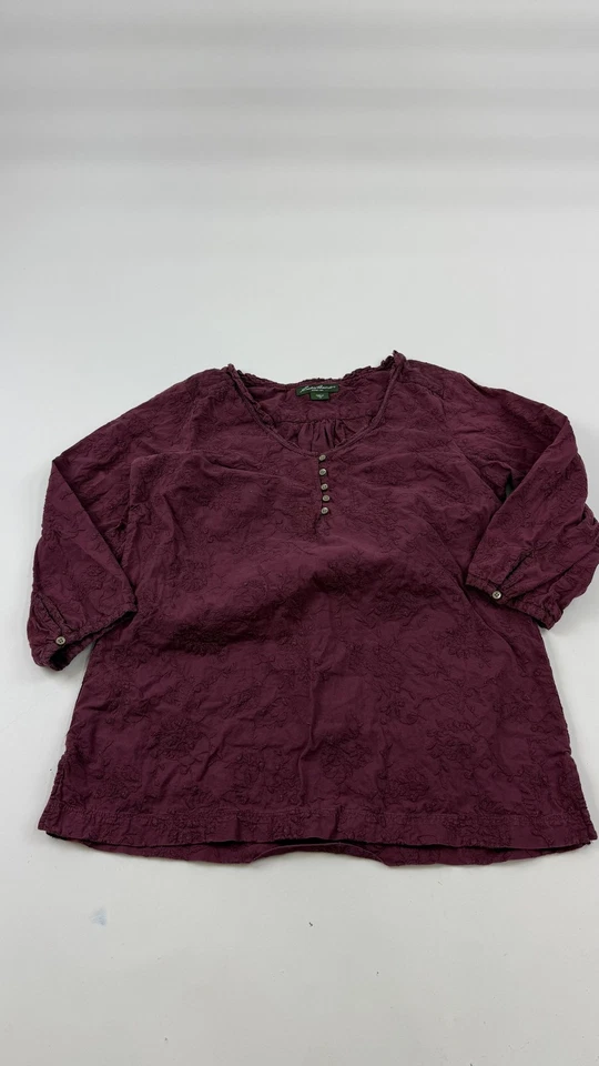 Blusa Eddie Bauer Mujer Mediana Borgoña Bordada Floral Manga 3/4 Henley Foto 1 de 4
