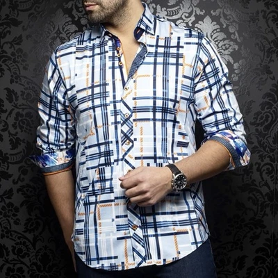 AU NOIR Dieter Dress Shirt Men’s SIZE 6 X-LARGE XL Blue Orange Check Flip Cuff - Image 1 of 4