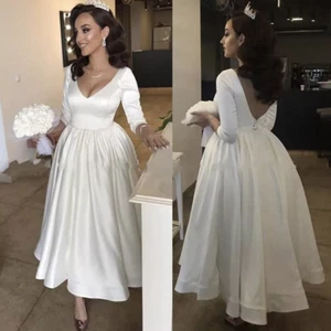 Vintage Sexy Short Wedding Dresses 3/4 Sleeves Deep V Neck Backless Bridal Gown - Picture 1 of 8