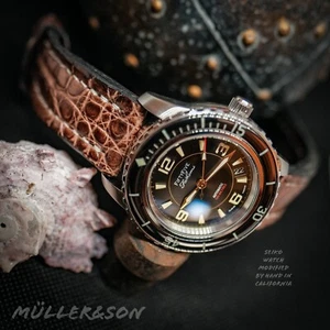 Correa de reloj Müller&Son 22 mm marrón cuero de cocodrilo genuino hebilla de despliegue - Imagen 1 de 11
