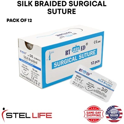 3/0 Silk Braided Suture Threads with Needle Pack of 12 Sterile Practice Sutures - Image 1 of 4