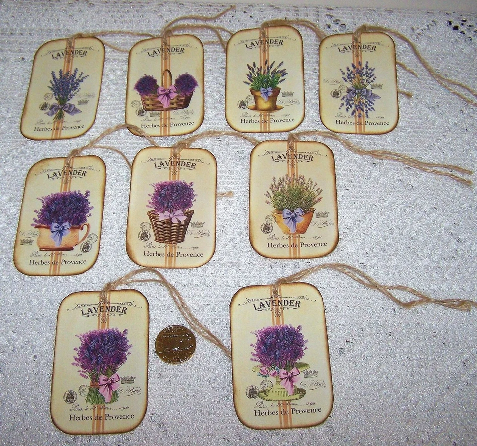 9~Vintage~Prim~Lavender~French Herbs~Fussy Cut~Linen Cardstock~Gift~Hang~Tags - Image 1 of 1