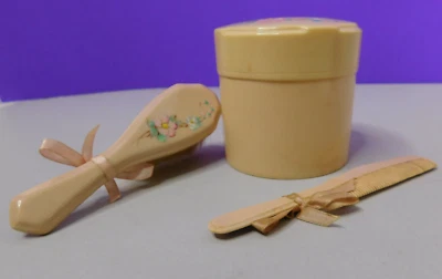 Vintage 1950s-1960s Baby Hair Brush, Comb & Powder Box - Flower Design - Image 1 of 4
