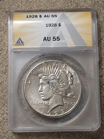 1928 Key Date Peace Silver Dollar, ANACS AU 55 Cover